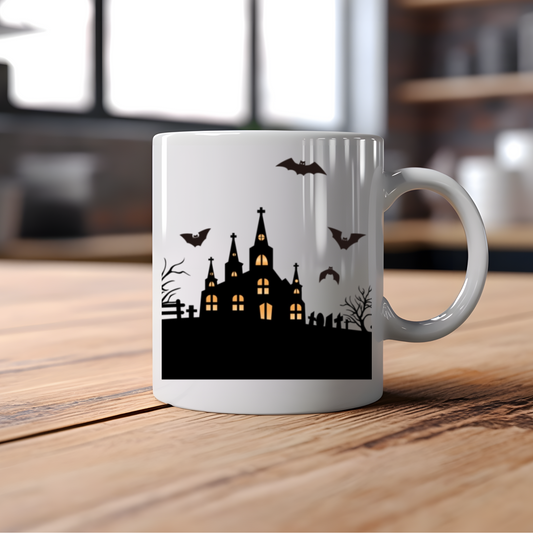 Haunted House Coffee Mug – Spooky Halloween Cup with Bats and Castle